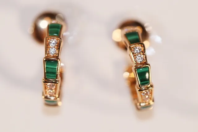 Gold Green Hinged Hoop Rectangular Stone Inlay Earrings 5