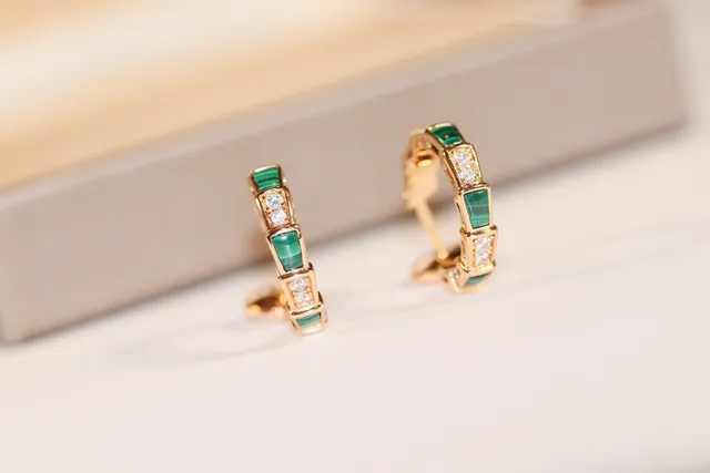 Gold Green Hinged Hoop Rectangular Stone Inlay Earrings 7