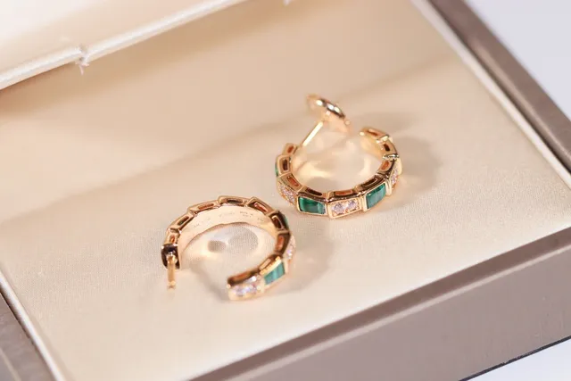 Gold Green Hinged Hoop Rectangular Stone Inlay Earrings 8