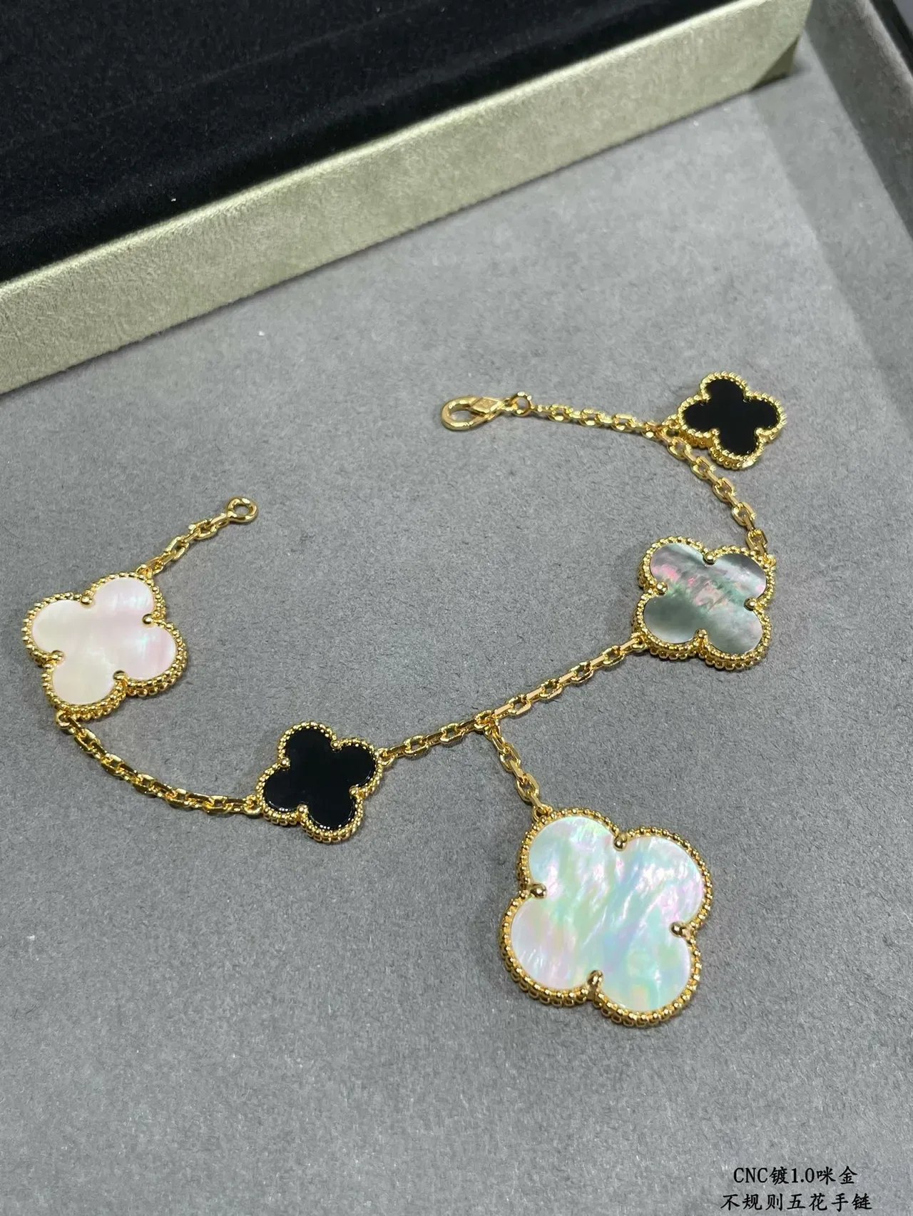 Gold Multicolor Chain Five Clover-Shaped Charms Bracelet 8