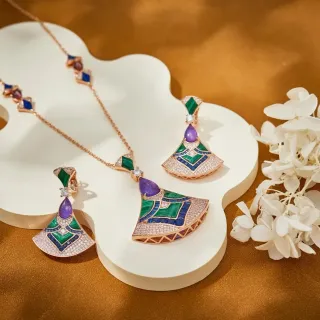 Gold Multicolor Fan-Shaped Pendant Enamel Inlay Earrings
