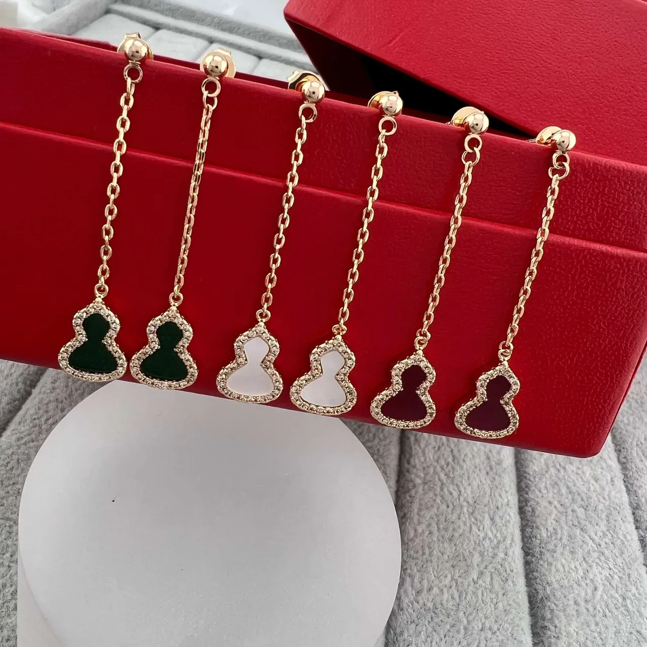 Gold Multicolor Gourd-Shaped Pendant Pavé Crystal Border Earrings 1