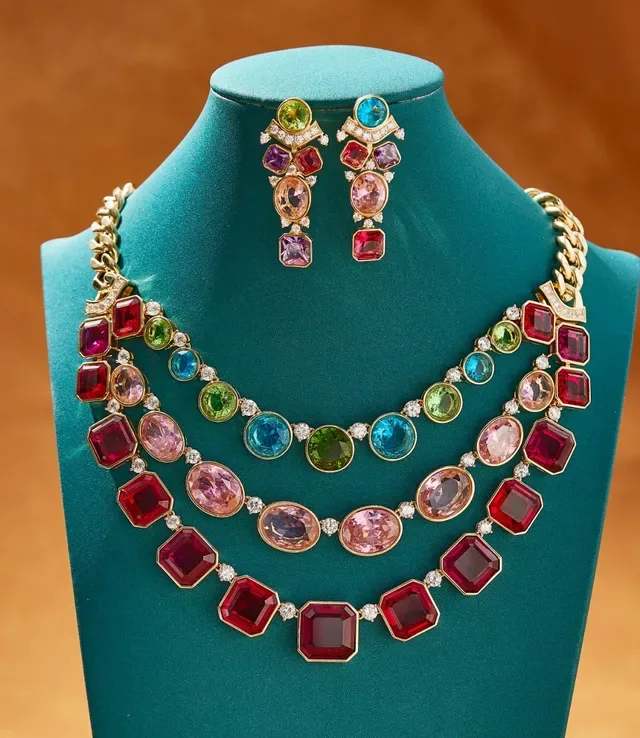 Gold Multicolor Multi-Row Bib-Style Curb Chain Necklace 2