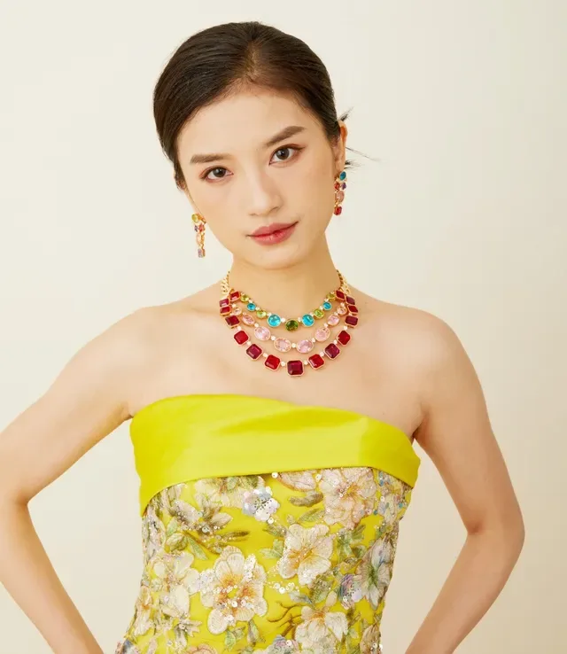Gold Multicolor Multi-Row Bib-Style Curb Chain Necklace 5