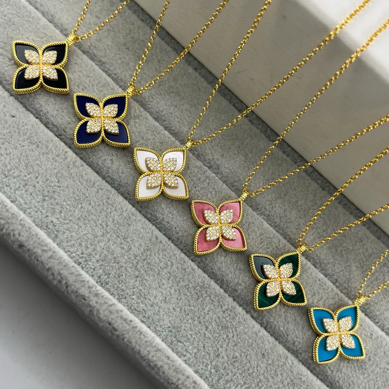 Gold Multicolor Quatrefoil Flower Pendant Enamel And Mother-of-Pearl Inlay Necklace 1