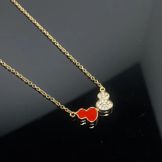 Gold Red Dual-Gourd Pendant Pavé-Set Upper Charm Necklace 3