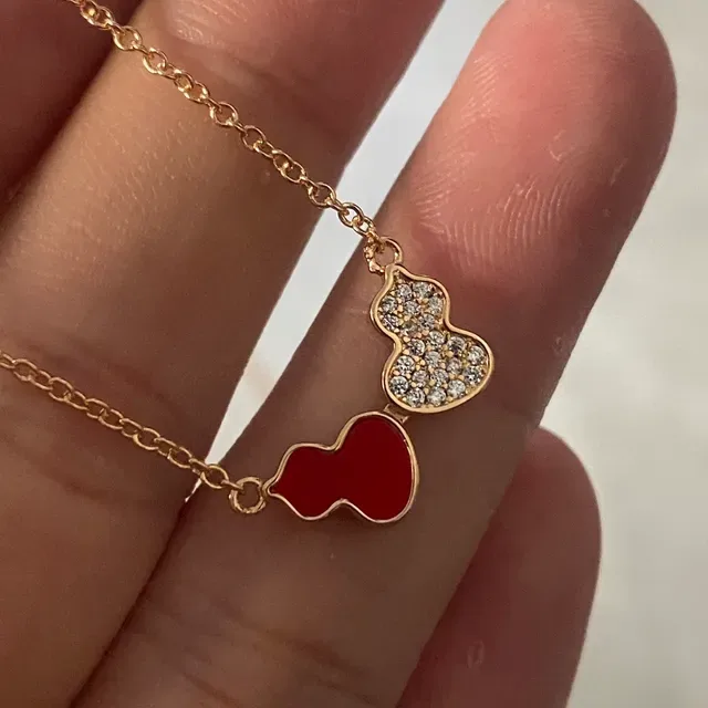 Gold Red Dual-Gourd Pendant Pavé-Set Upper Charm Necklace 4