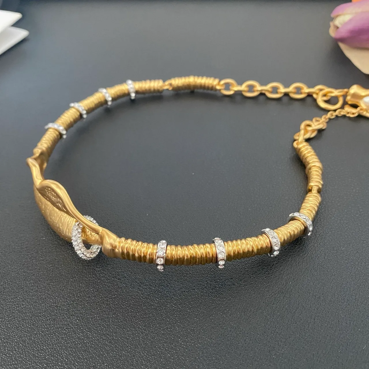 Gold Silver Coiled Wire Construction Crystal-Accented Bands Necklace 3