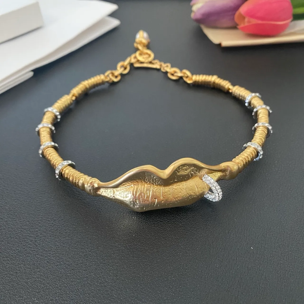 Gold Silver Coiled Wire Construction Crystal-Accented Bands Necklace 9