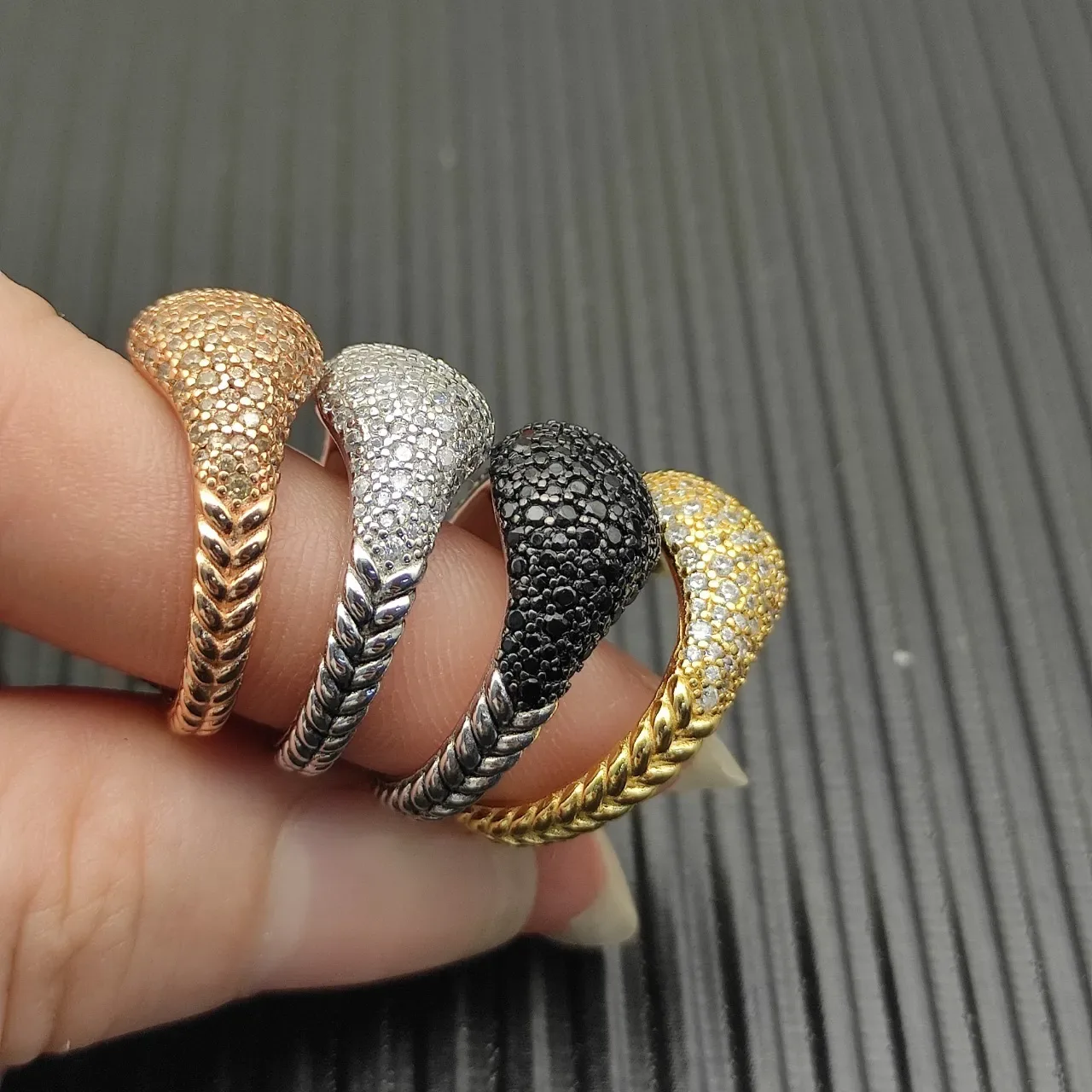 Gold Silver Dome-Shaped Pavé Top Textured Band Edge Ring 2