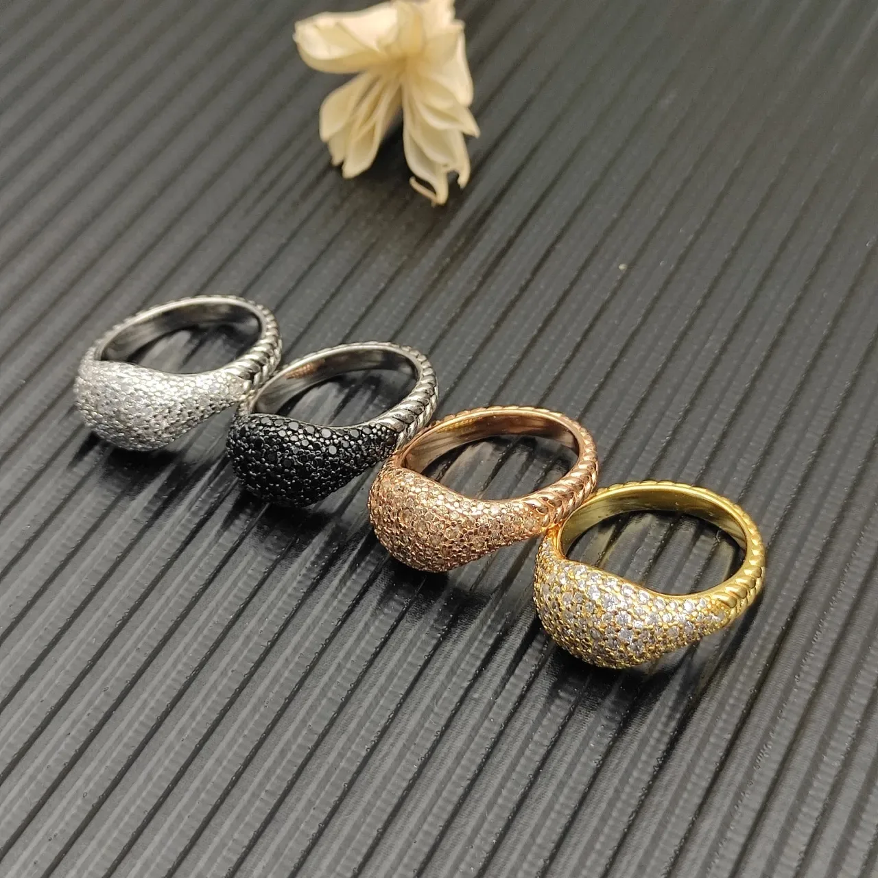 Gold Silver Dome-Shaped Pavé Top Textured Band Edge Ring 4