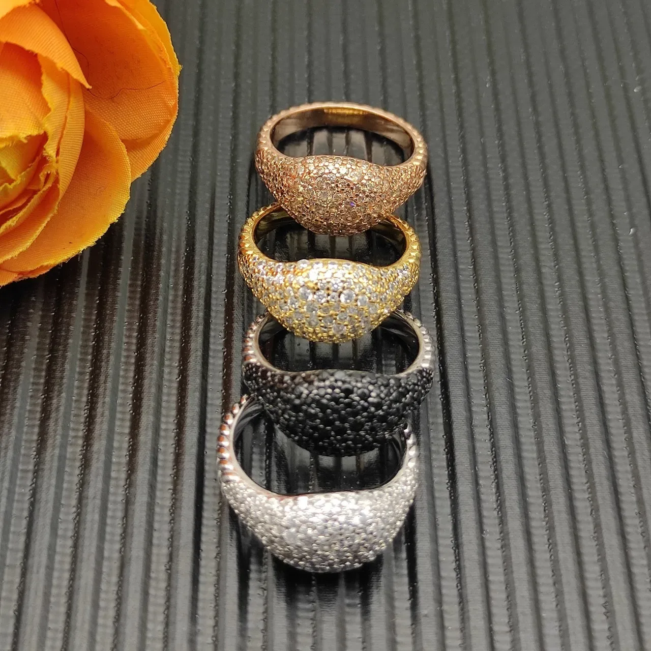 Gold Silver Dome-Shaped Pavé Top Textured Band Edge Ring 6