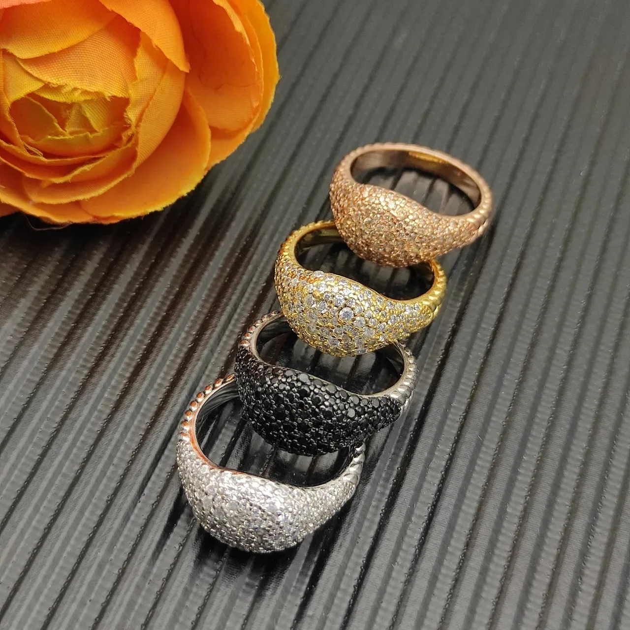 Gold Silver Dome-Shaped Pavé Top Textured Band Edge Ring 7