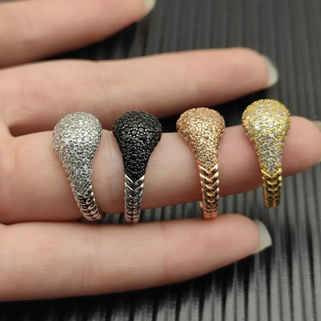 Gold Silver Dome-Shaped Pavé Top Textured Band Edge Ring 8