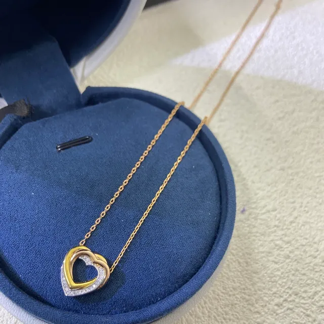 Gold Silver Double-Heart Pendant Pavé-Set Stones Necklace 3