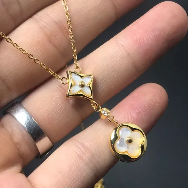 Gold Silver Floral Motif Pendants Mother-of-Pearl Inlay Necklace 3