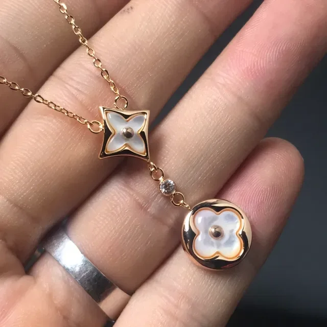 Gold Silver Floral Motif Pendants Mother-of-Pearl Inlay Necklace 4