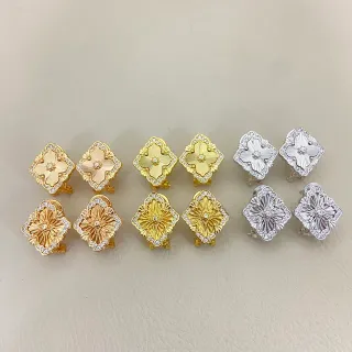 Gold Silver Floral Quatrefoil Motif Rhinestone-Encrusted Border Earrings