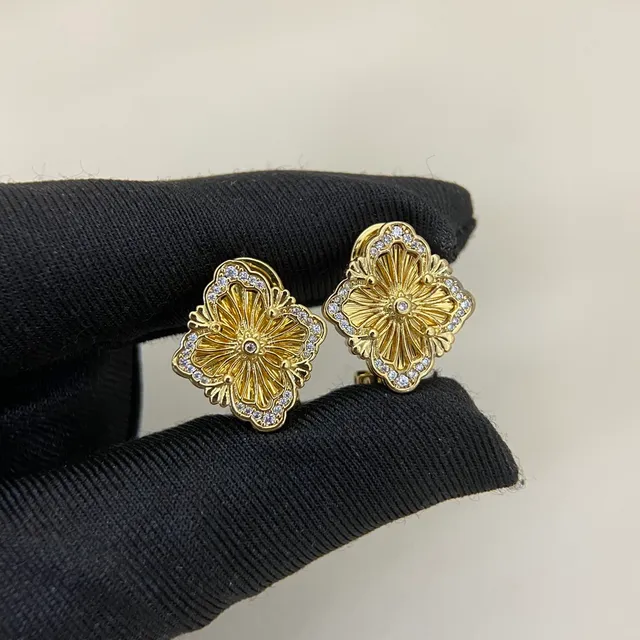Gold Silver Floral Quatrefoil Motif Rhinestone-Encrusted Border Earrings 3