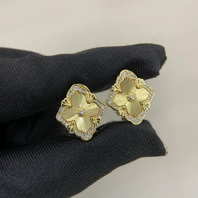 Gold Silver Floral Quatrefoil Motif Rhinestone-Encrusted Border Earrings 4