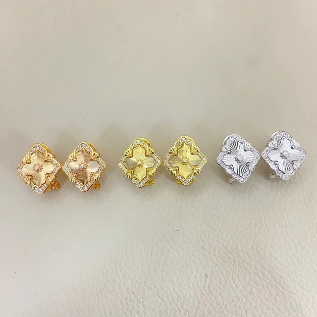 Gold Silver Floral Quatrefoil Motif Rhinestone-Encrusted Border Earrings 5