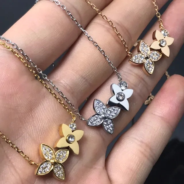 Gold Silver Four-Petal Flower Pendant Pavé Crystal Setting Necklace 2
