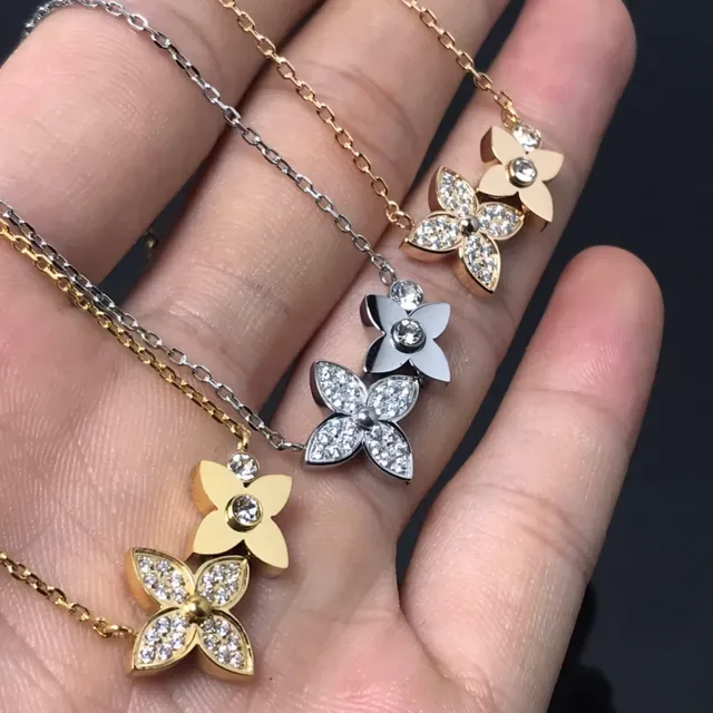 Gold Silver Four-Petal Flower Pendant Pavé Crystal Setting Necklace 3