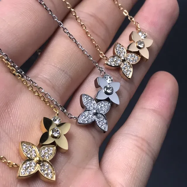 Gold Silver Four-Petal Flower Pendant Pavé Crystal Setting Necklace 4