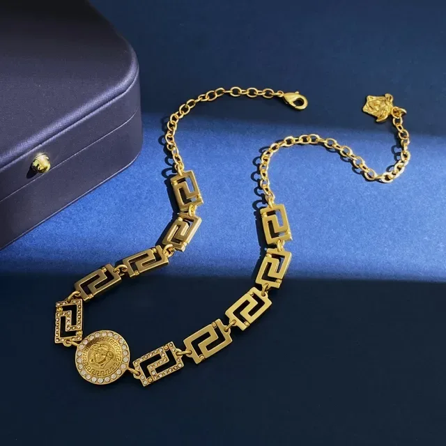 Gold Silver Greek Key Link Chain Coin-Style Medusa Medallion Necklace 7