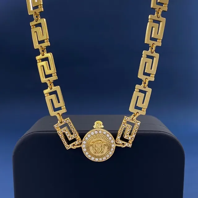 Gold Silver Greek Key Link Chain Coin-Style Medusa Medallion Necklace 9