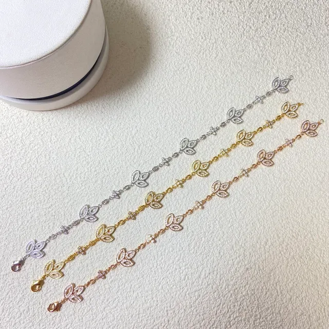 Gold Silver Leaf-Motif Links Pavé Crystal Embellishment Bracelet 6