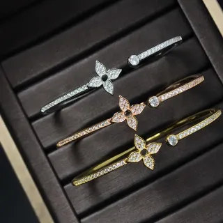 Pulseira Aberta Pavé-Set Motivo Floral em Ouro e Prata