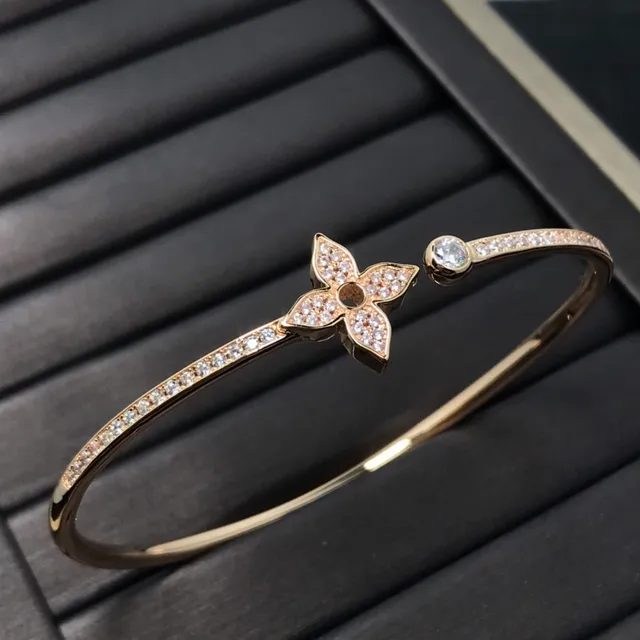 Gold Silver Open Bangle Pavé-Set Floral Motif Bracelet 2