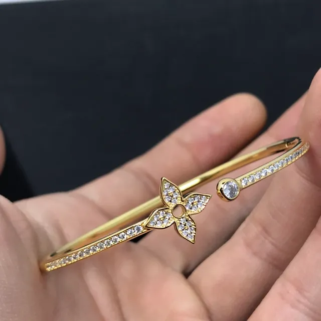 Gold Silver Open Bangle Pavé-Set Floral Motif Bracelet 4