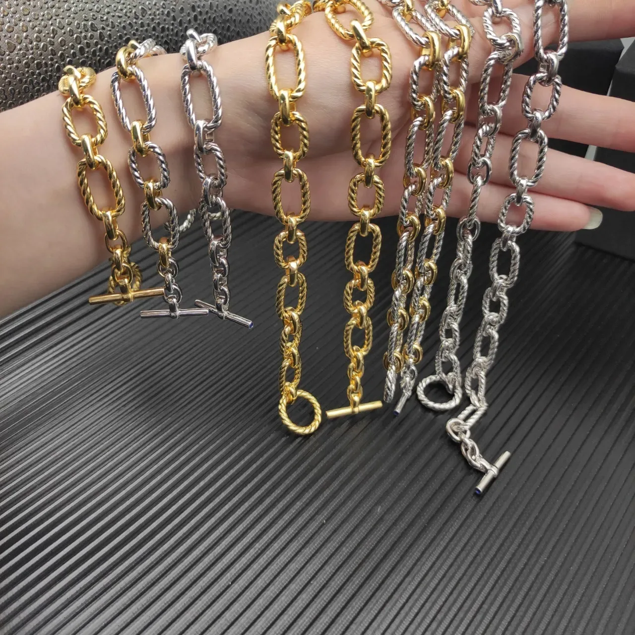 Gold Silver Twisted Rope-Link Chain Oval Alternation Bracelet 2