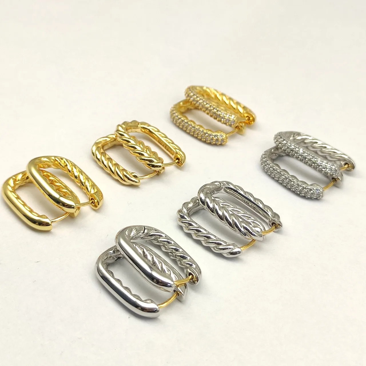 Gold Silver Twisted Rope Texture Pavé-Stone Accent Earrings 3