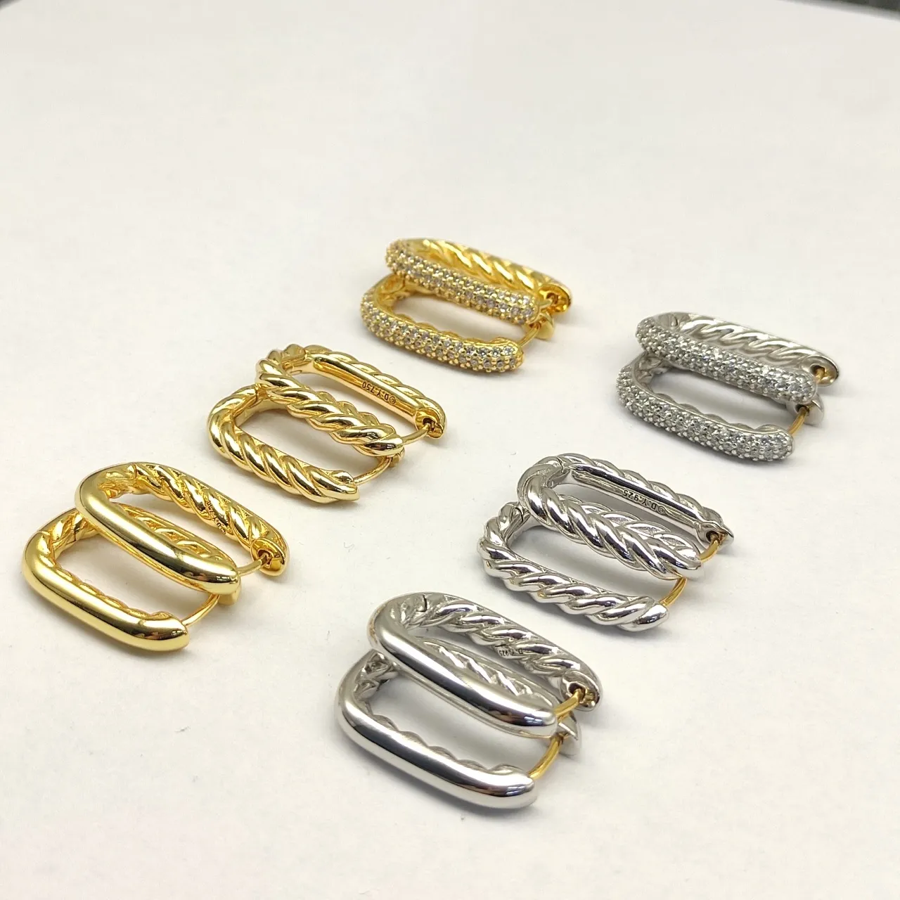 Gold Silver Twisted Rope Texture Pavé-Stone Accent Earrings 4