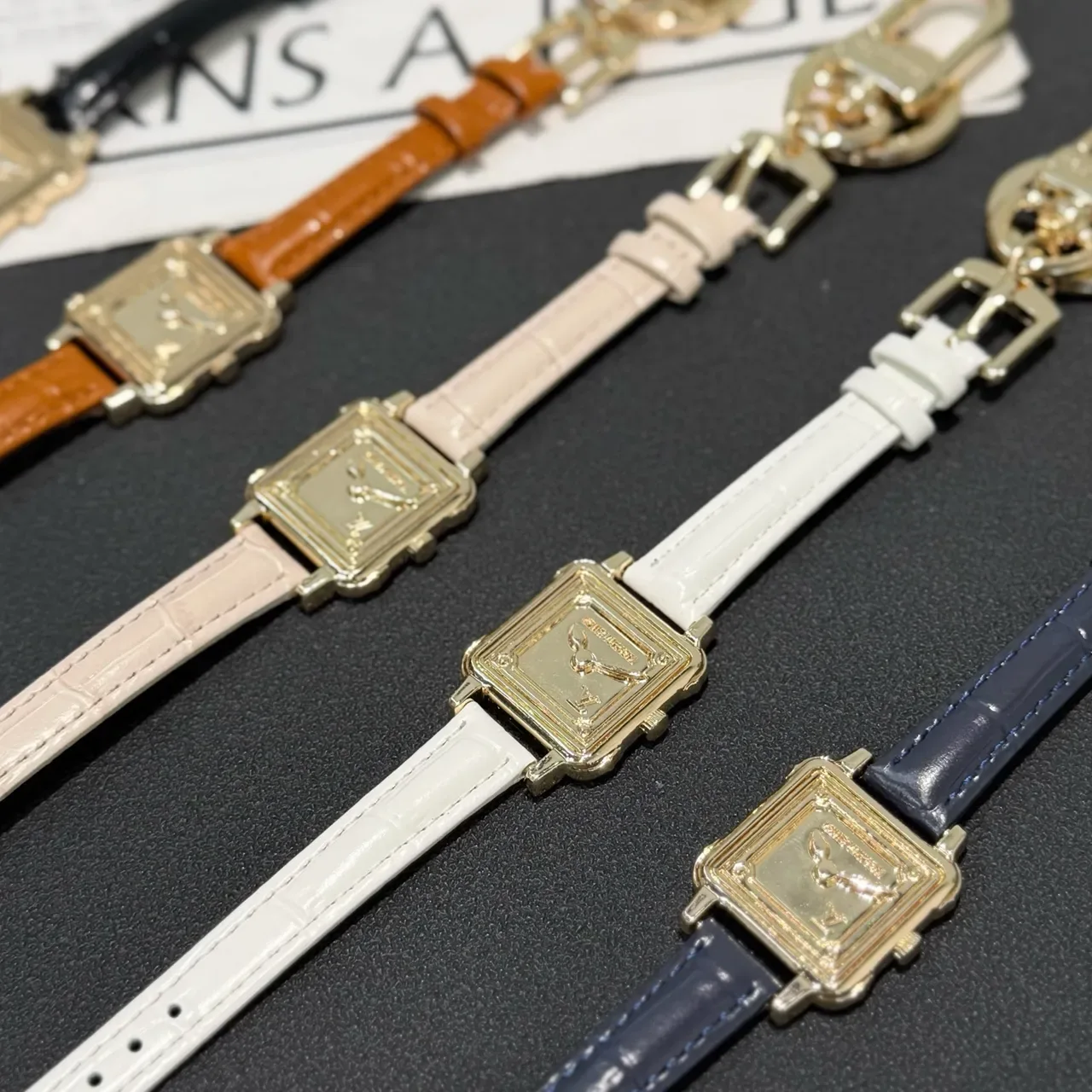 Gold Square Case Textured Leather Strap Watch 7