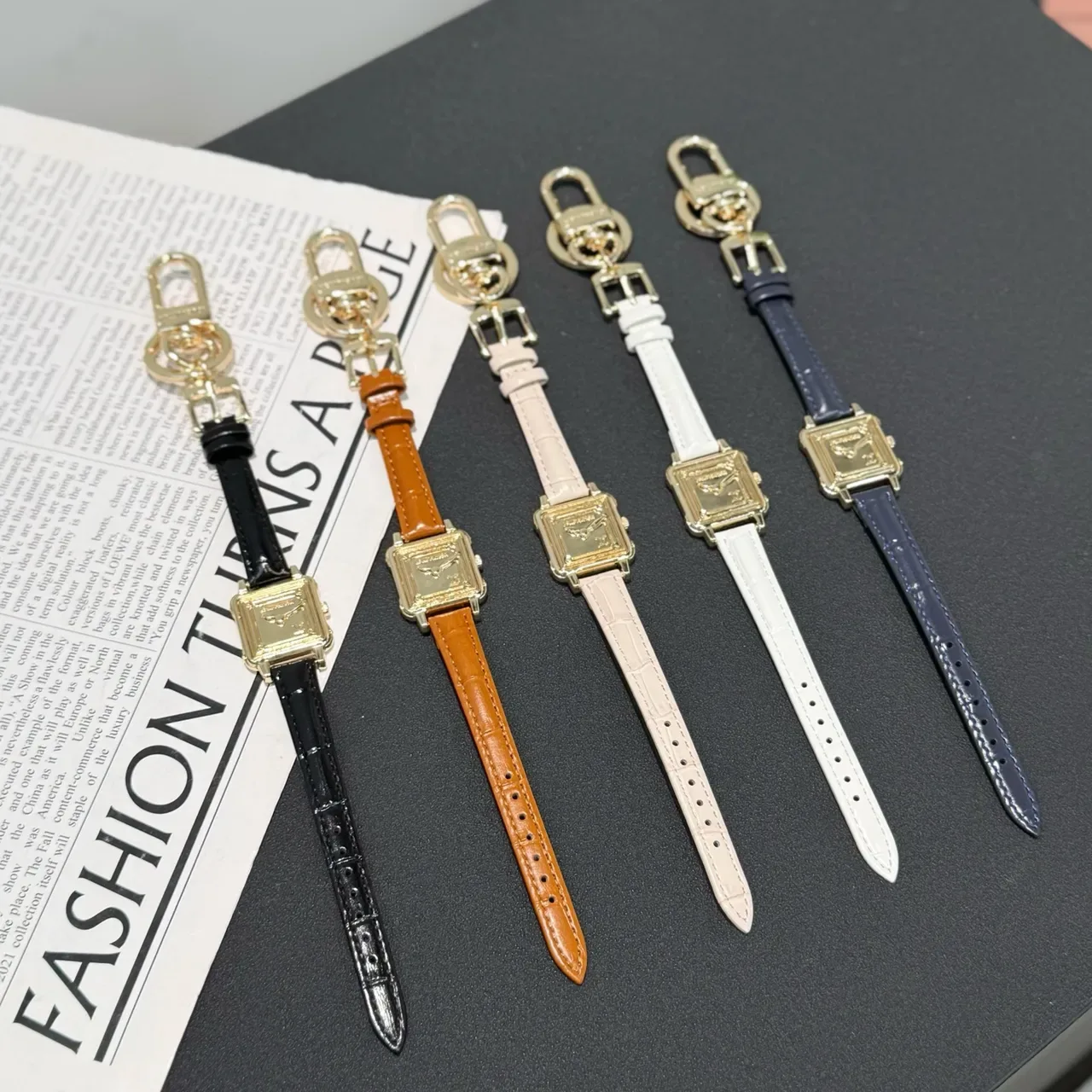 Gold Square Case Textured Leather Strap Watch 9
