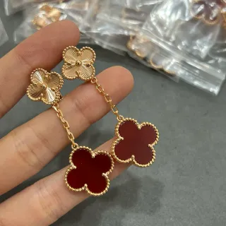 Gold-Tone Clover Motif Red Stone Drop Earrings