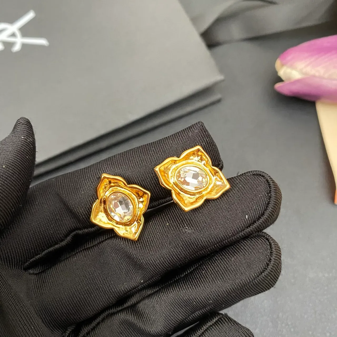 Gold-Tone Faceted Clear Stone Quatrefoil Stud Earrings 4