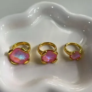 Gold-Tone Faceted Iridescent Pink Stone Rings