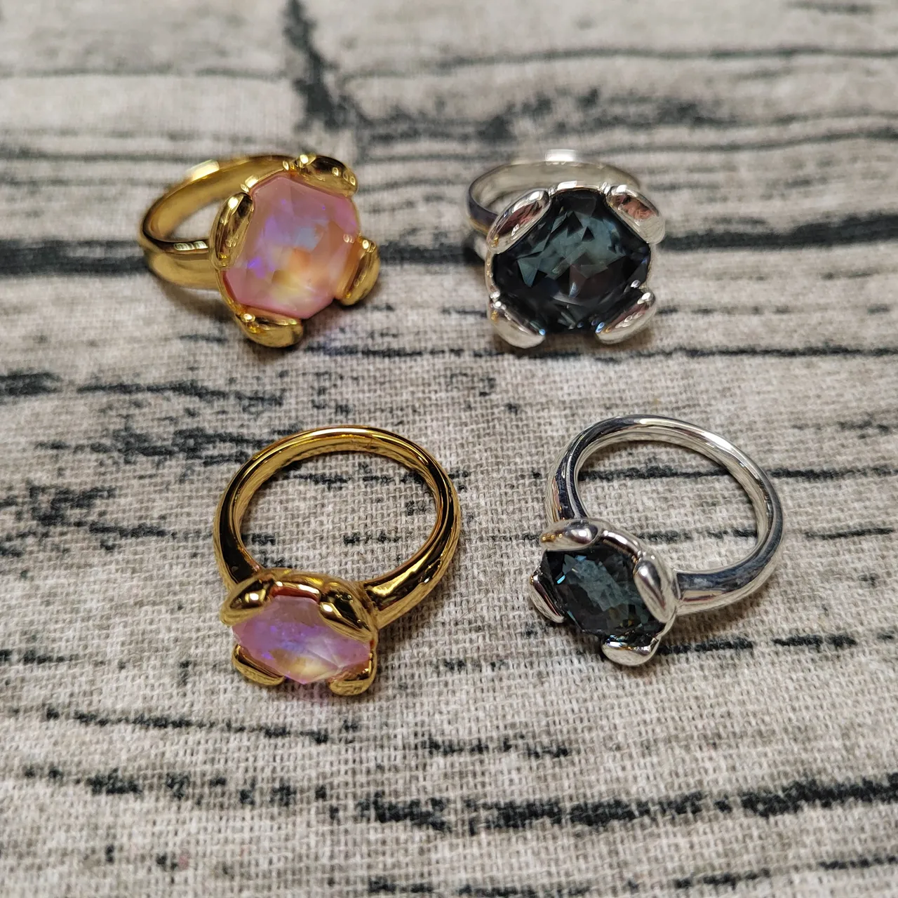 Gold-Tone Faceted Iridescent Pink Stone Rings 2