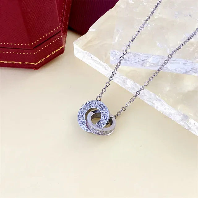 Gold-Tone Interlocking Double Ring Pavé Stone Necklace 4