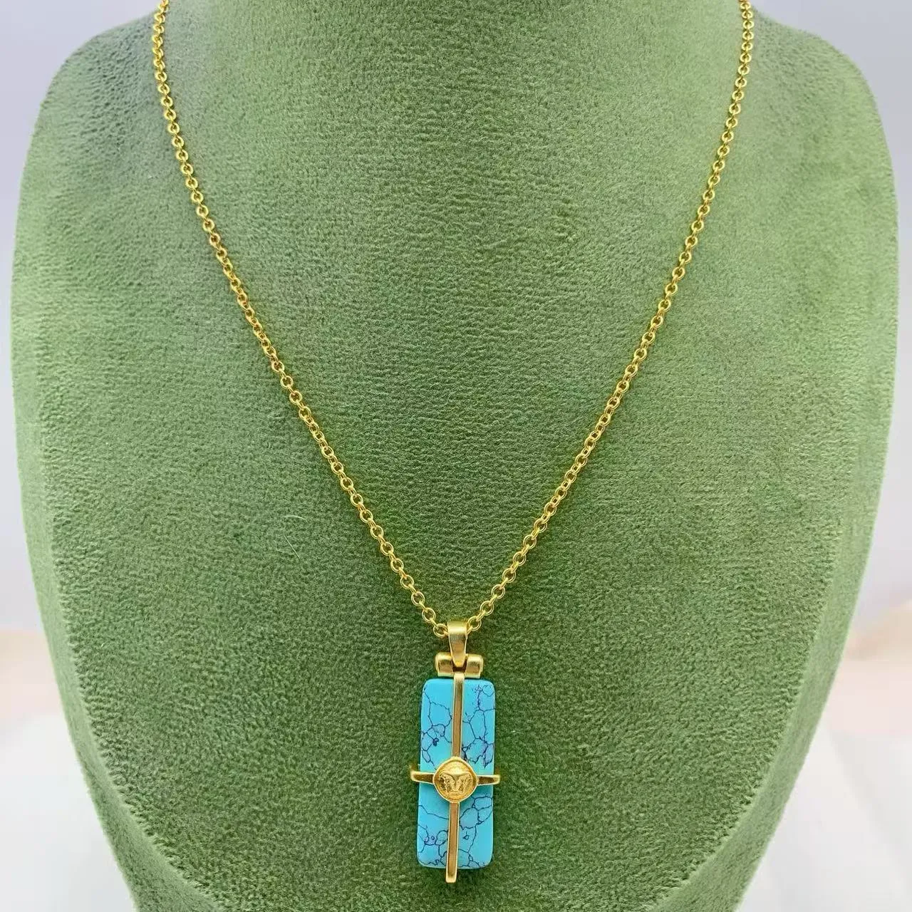 Gold-Tone Medusa Head Turquoise Cross-Bar Drop Earrings 2