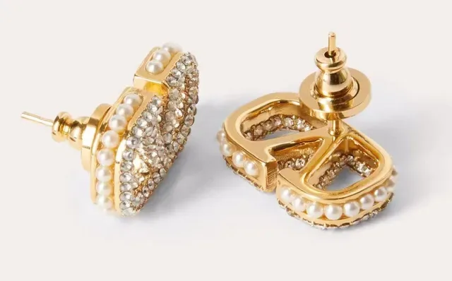 Gold-Tone Pavé and Pearl Geometric Stud Earrings 2