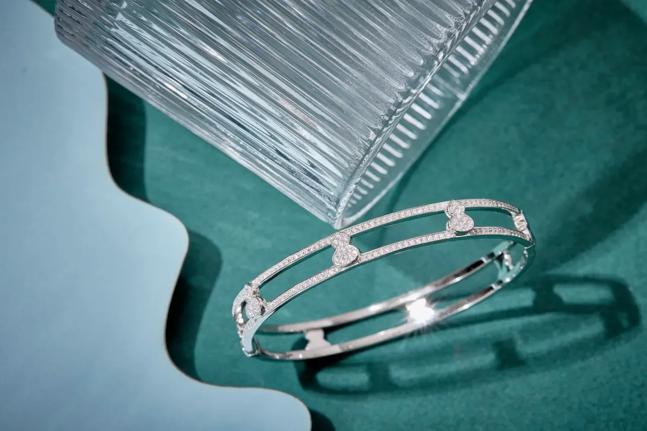 Gold-Tone Pavé Diamond Heart Motif Double-Bar Bangle Bracelet 3