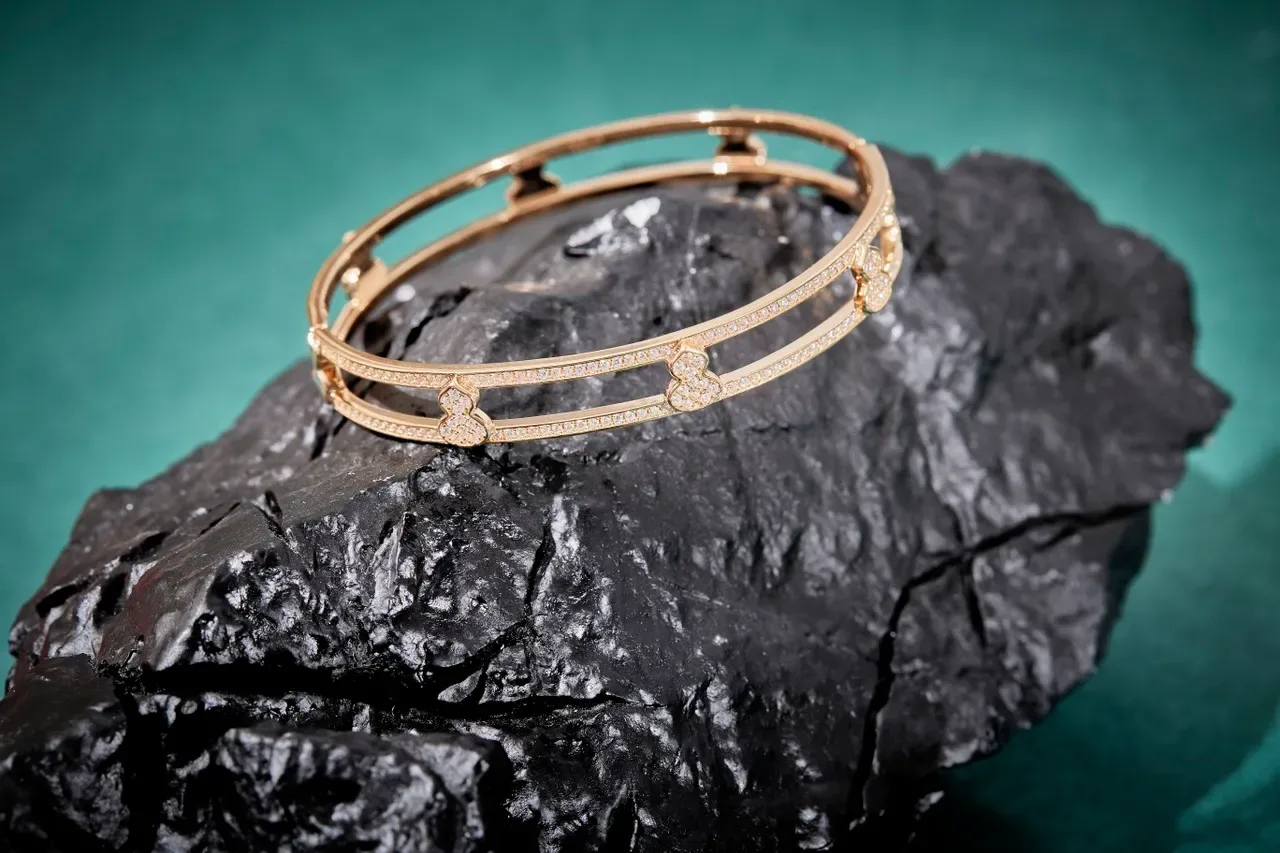 Gold-Tone Pavé Diamond Heart Motif Double-Bar Bangle Bracelet 5