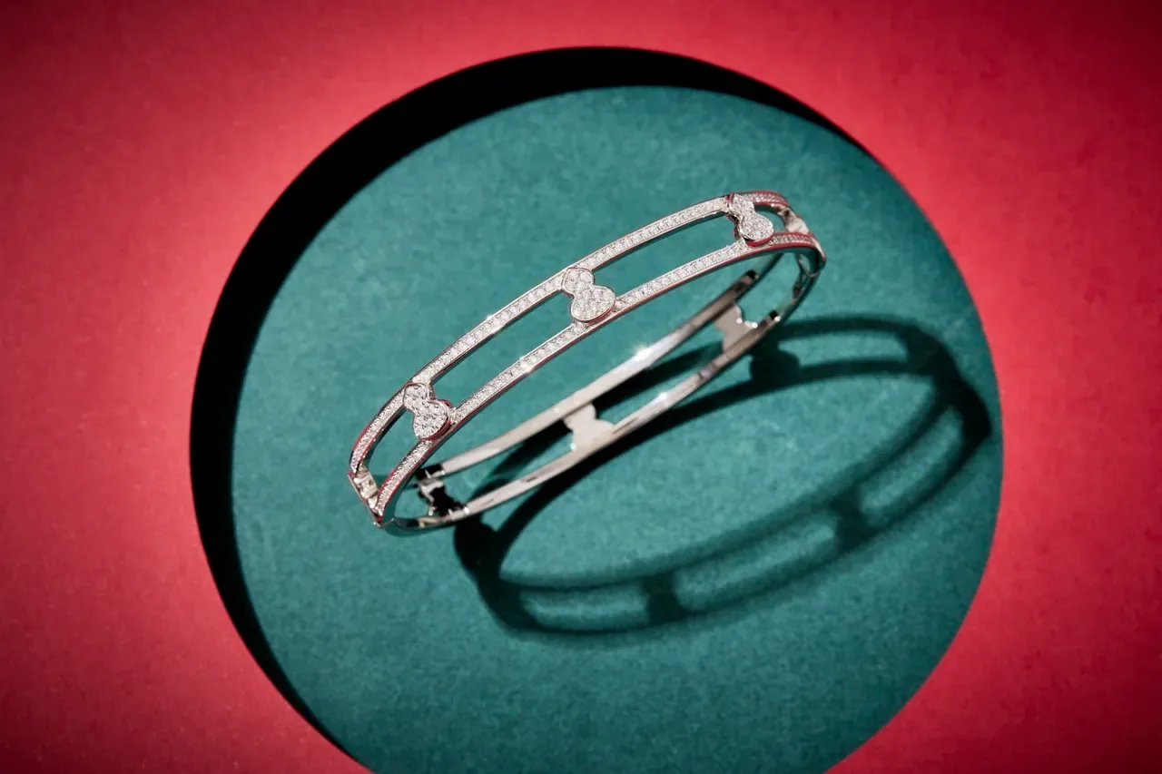Gold-Tone Pavé Diamond Heart Motif Double-Bar Bangle Bracelet 6