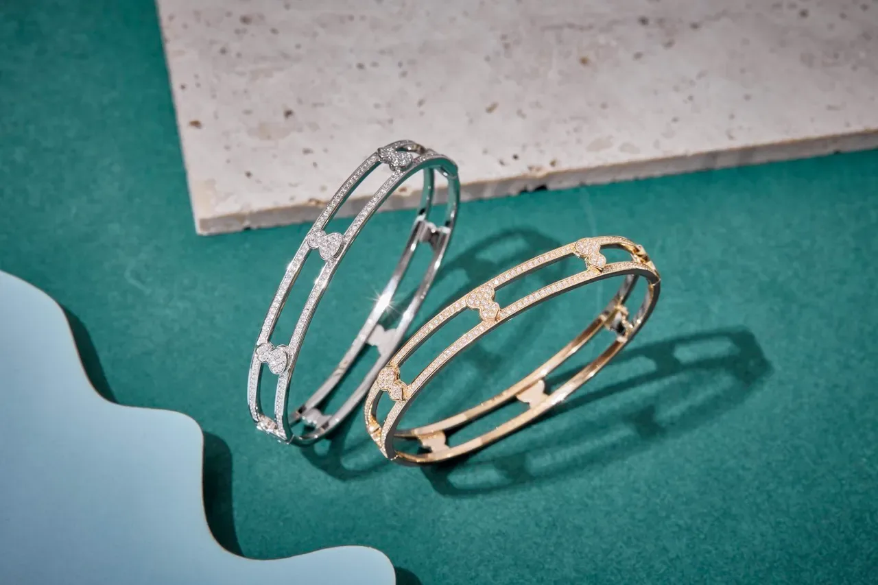 Gold-Tone Pavé Diamond Heart Motif Double-Bar Bangle Bracelet 7